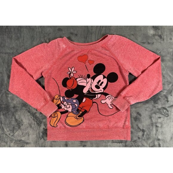 Disney Kissing Minnie Mickey Mouse Red Sweatshirt Women's Size XS Cute Love - Picture 1 of 6